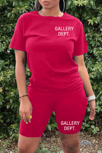 Red Casual Letter Print Basic O Neck Short Sleeve Two Pieces