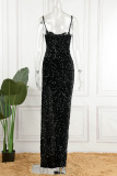 Black Sexy Patchwork Sequins High Opening Spaghetti Strap Trumpet Mermaid Dresses