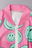 Pink Street Print Draw String Zipper Collar Long Sleeve Two Pieces