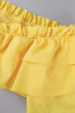 Yellow Sexy Solid Flounce Strapless Short Sleeve Two Pieces