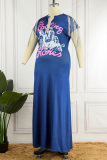 Royal Blue Street Print Tassel V Neck Straight Plus Size Dresses