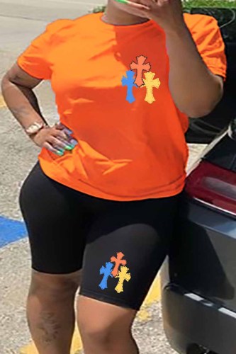 Orange Street Print Patchwork O Neck Plus Size Two Pieces