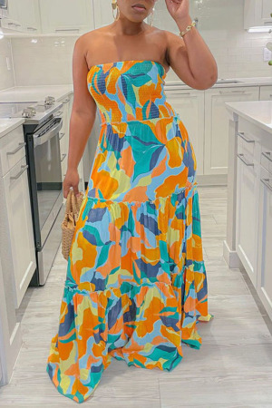 Turquoise Floral Print Sleeveless Strapless Casual Tube Vacation Pleated Maxi Dress