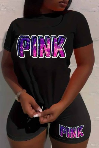 Black Street Print Letter O Neck Plus Size Two Pieces
