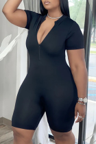 Black Sexy Solid Patchwork V Neck Plus Size Jumpsuits