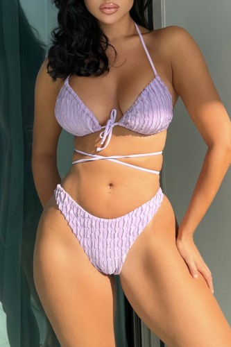 Purple Sexy Solid Bandage Backless Swimwears (With Paddings)