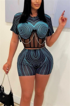 Blue Sexy Casual Graffiti See-through Printing O Neck Short Sleeve Two Pieces