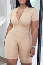 Beige Sexy Solid Patchwork V Neck Plus Size Jumpsuits