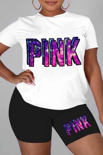 White Street Print Letter O Neck Plus Size Two Pieces