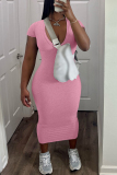Pink Casual Solid Basic V Neck Short Sleeve Dress Dresses