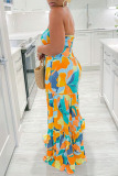 Orange Yellow Floral Print Sleeveless Strapless Casual Tube Vacation Pleated Maxi Dress