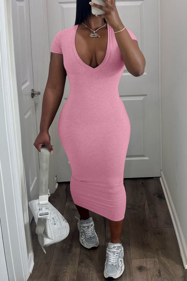 Pink Casual Solid Basic V Neck Short Sleeve Dress Dresses
