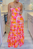 Pink Purple Floral Print Sleeveless Strapless Casual Tube Vacation Pleated Maxi Dress
