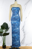 Blue Sexy Print Backless Strapless Long Dress Dresses