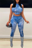 Blue Sexy Casual Print Basic Half A Turtleneck Sleeveless Two Pieces