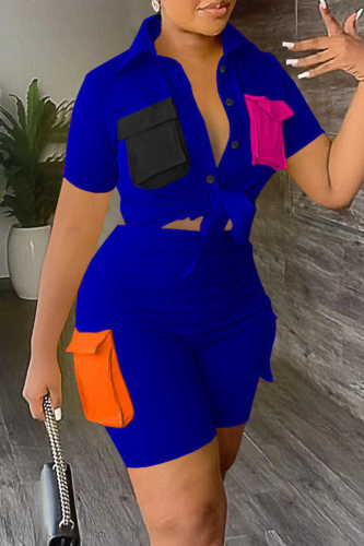 Blue Casual Solid Patchwork Contrast Shirt Collar Short Sleeve Two Pieces