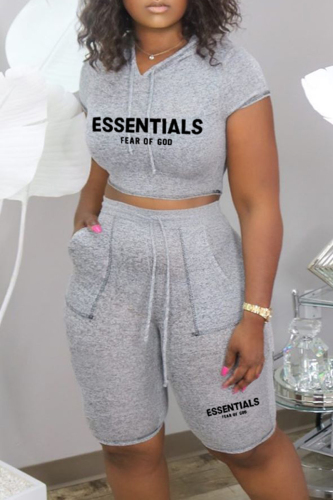Grey Casual Letter Print Basic Hooded Collar Short Sleeve Two Pieces