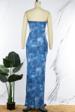 Blue Sexy Print Backless Strapless Long Dress Dresses