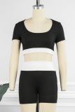Black Casual Sportswear Patchwork Contrast O Neck Short Sleeve Two Pieces