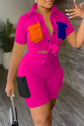 Rose Red Casual Solid Patchwork Contrast Shirt Collar Short Sleeve Two Pieces