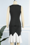 Black Casual Patchwork Hot Drilling Contrast V Neck Sleeveless Dress Dresses