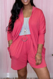 Deep Pink Casual Solid Cardigan Long Sleeve Two Pieces