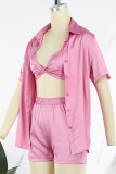 Pink Casual Solid Patchwork Half Sleeve Three Piece Set