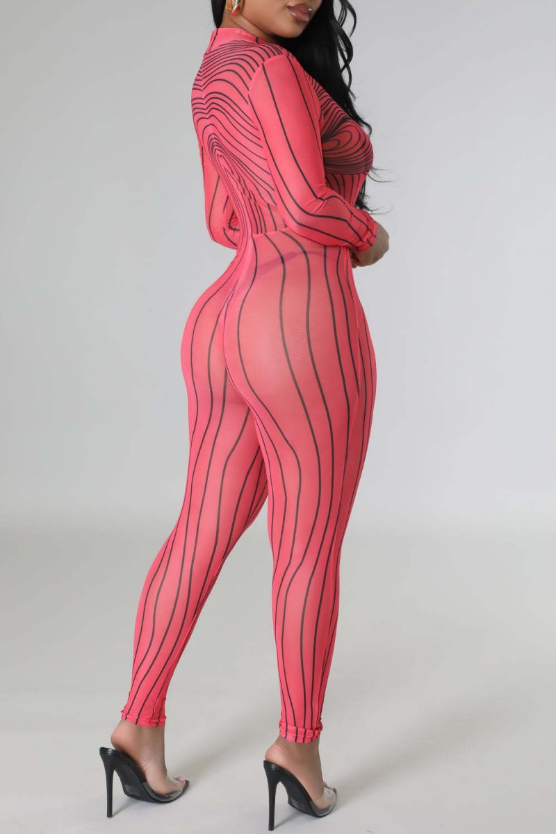 Vertical Striped See-Through Tulle Slim-Fitting Sexy Halterneck Jumpsuit