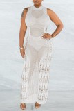 White Sexy Solid Hollowed Out See-through O Neck Long Dress Dresses