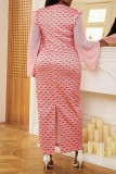 Pink Casual Print Patchwork O Neck One Step Skirt Dresses
