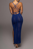 Blue Sexy Solid Bandage Hollowed Out Patchwork Backless Slit Swimwears Cover Up