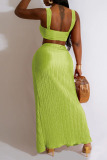 Light Green Sexy Solid Patchwork Fold Asymmetrical Spaghetti Strap Sleeveless Two Pieces