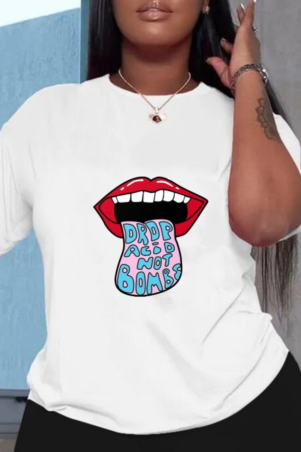 White Casual Lips Printed Basic O Neck T-Shirts