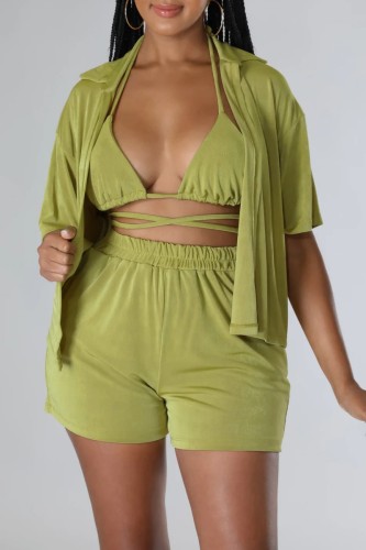 Fruit Green Sexy Casual Solid Frenulum Shirt Collar Short Sleeve Three Piece Set