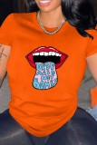 Orange Casual Lips Printed Basic O Neck T-Shirts