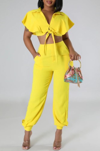 Yellow Casual Solid Frenulum V Neck Short Sleeve Two Pieces