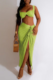 Blue Sleeveless Backless Cami Crop Top and High Slit Maxi Skirt Slim Fit Vacation Two Piece Skirt Set