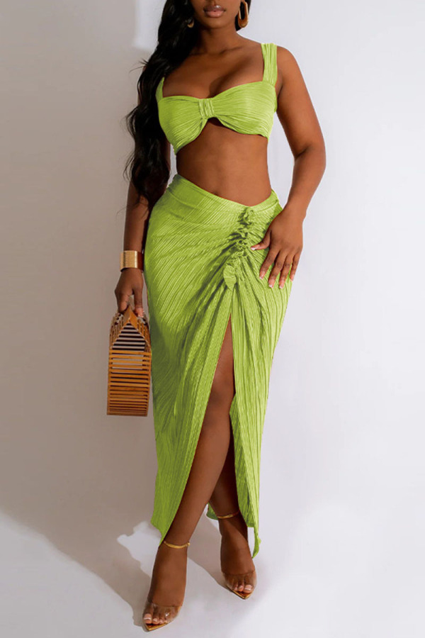Light Green Sleeveless Backless Cami Crop Top and High Slit Maxi Skirt Slim Fit Vacation Two Piece Skirt Set