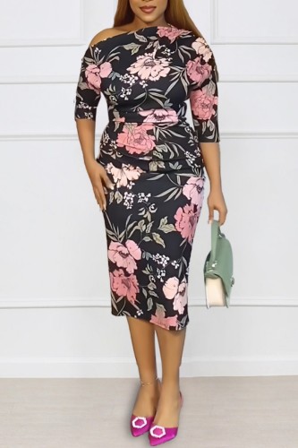 Black Casual Print Patchwork Oblique Collar Pencil Skirt Dresses