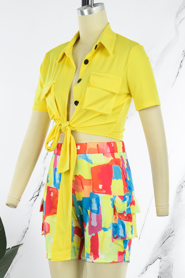 Casual Street Geometric Print Turndown Collar Short Sleeve Two Pieces main image 1