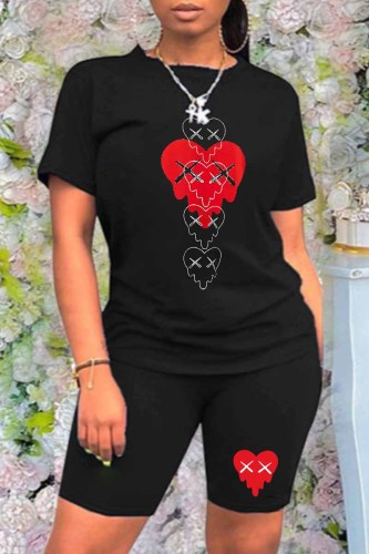 Black Street Print Patchwork O Neck Plus Size Two Pieces
