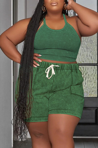 Green Casual Print Patchwork Spaghetti Strap Plus Size Two Pieces