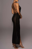 Black Sexy Solid Bandage Hollowed Out Patchwork Backless Slit Swimwears Cover Up