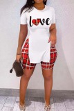 White Red Casual Print Slit O Neck Short Sleeve Two Pieces