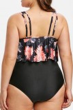 Rose Red Sexy Print Solid Backless U Neck Plus Size Swimwear