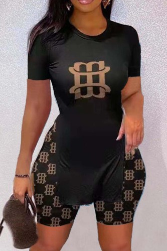 Black khaki Casual Print Slit O Neck Short Sleeve Two Pieces