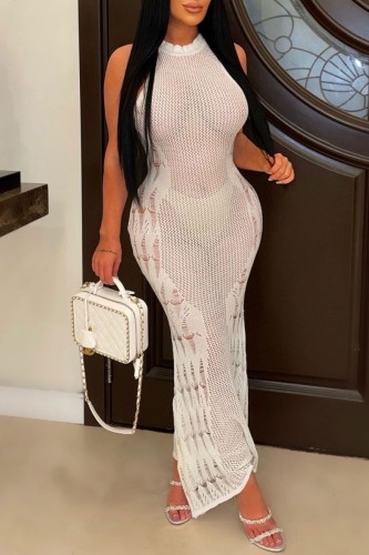 White Sexy Solid Hollowed Out See-through O Neck Long Dress Dresses