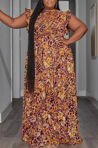 Leopard Print Casual Print Patchwork Stringy Selvedge O Neck Straight Plus Size Dresses