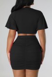 Black Sexy Casual Solid Fold O Neck Short Sleeve Two Pieces
