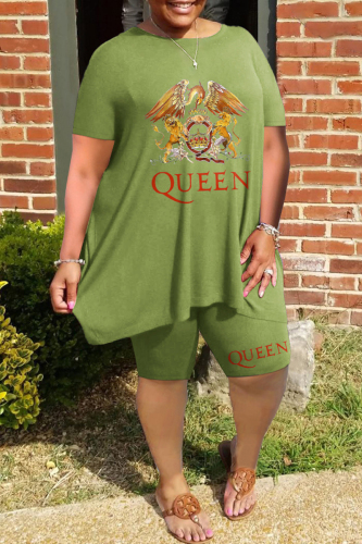 Green Casual Print Basic O Neck Plus Size Two Pieces
